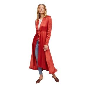 Free People Marilyn Satin Duster Red Tie Waist Long Layering‎ Jacket Size Xs